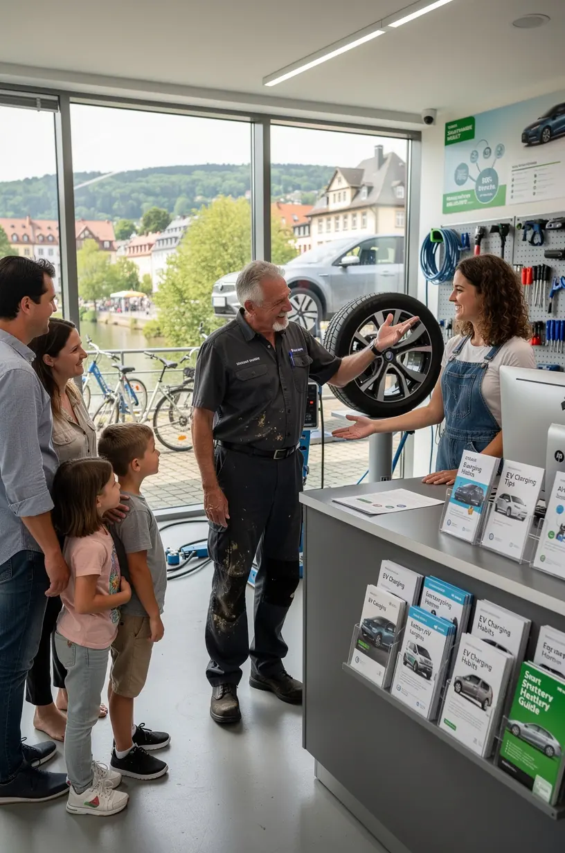 Mechaniker erklärt einem Kunden die Vorteile regelmäßiger Softwarechecks beim Elektrofahrzeug.